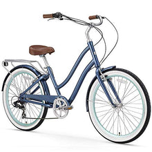 Load image into Gallery viewer, sixthreezero EVRYjourney Women's 7-Speed Step-Through Hybrid Cruiser Bicycle, 24" Wheels and 14" Frame, Navy with Brown Seat and Grips, Navy w/Brown Seat/Grips