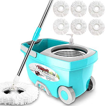 Load image into Gallery viewer, Tsmine Spin Mop Bucket System Stainless Steel Deluxe 360 Spinning Mop Bucket Floor Cleaning System with 6 Microfiber Replacement Head Refills,61"Extended Handle, 2x Wheel for Home Cleaning - MINT