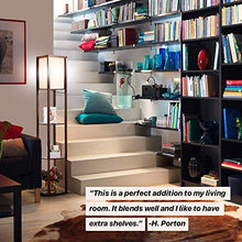 Load image into Gallery viewer, Brightech Maxwell - LED Shelf Floor Lamp - Modern Standing Light for Living Rooms and Bedrooms - Asian Wooden Frame with Open BoxDisplay Shelves - Havana Brown