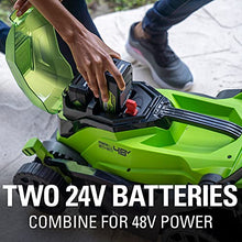 Load image into Gallery viewer, Greenworks 48V 14" Brushless Cordless Lawn Mower, (2) 4.0Ah USB Batteries (USB Hub) and Dual Port Rapid Charger Included (2 x 24V)