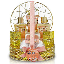 Load image into Gallery viewer, Bath and Body Gift Basket For Women - 13 Piece Set of White Rose and Jasmine Scented Cosmetic and Home Spa Set with Bath Bombs, Body Mist, Perfume, Intricate Gold Perfume Holder and More