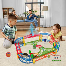 Load image into Gallery viewer, BeebeeRun Kids Car Race Track Set, Flexible Train Tracks for Toddlers with Musical Bridge and LED Electric Train Set, Car Track Toys for Boys and Girls