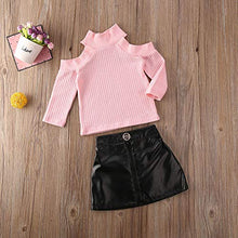 Load image into Gallery viewer, Kids Baby Girls Outfits Off Shoulder Sweater Tops+PU Leather Mini Skirt 2PCS Set Winter Clothes(Pink+Black, 18Months-2 T)