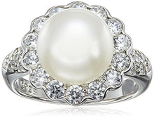 Load image into Gallery viewer, Platinum Plated Sterling Silver Cubic Zirconia Freshwater Cultured Flower Pearl Ring, Size 8