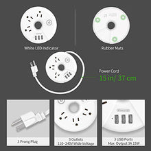 Load image into Gallery viewer, Travel Power Strip, NTONPOWER 3 Outlets 3 USB Portable Desktop Charging Station Short Extension Cord 15 inch for Office, Home, Hotels, Cruise Ship, Nightstand - White