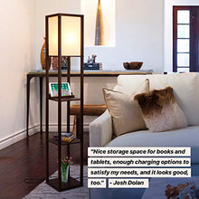 Load image into Gallery viewer, Brightech Maxwell Shelf Floor Lamp w. Wireless Charging Station, USB Port & Outlet - Column Lighting For Bedrooms, Offices & Living Rooms - Contemporary Skinny Nightstand & Tower Light - Brown
