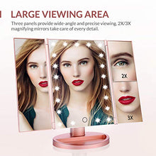 Load image into Gallery viewer, EASEHOLD Makeup Vanity Mirror with 2X 3X Magnifying Dimmable 21 LED Lighted Desk Mirror Adjustable 180 Degree Rotation Touch Screen Dual Power Supply Countertop Portable Tri-Fold Mirror