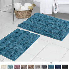Load image into Gallery viewer, Turquoise Blue Shaggy Chenille Bathroom Rugs, Super Soft Thick Striped Microbiber Shag Rugs, Machine Washable Non Slip Water Absorbent Kitchen Mats (2 Pack, 20" x 32" & 17" x 24")