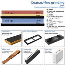 Load image into Gallery viewer, Complete Knife Sharpening Stone Set – Dual Grit Whetstone 400/1000 3000/8000 Premium Whetstone Knife Sharpener with Leather Strop, Flattening Stone, Bamboo Base, 3 Non-slip Rubber Bases & Angle Guide