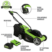 Load image into Gallery viewer, Greenworks 24V 13-Inch Cordless (2-In-1) Push Lawn Mower, 4.0Ah USB Battery (USB Hub) and Charger Included MO24B410