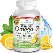Load image into Gallery viewer, Best Triple Strength Omega 3 Fish Oil Pills - 180 Capsules - 2400mg High Potency Burpless Lemon Flavor 864mg EPA 576mg DHA Ultra Pure Liquid Softgels for Brain Joints Eyes Heart Health Supplement
