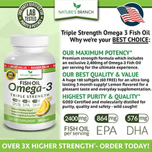 Load image into Gallery viewer, Best Triple Strength Omega 3 Fish Oil Pills - 180 Capsules - 2400mg High Potency Burpless Lemon Flavor 864mg EPA 576mg DHA Ultra Pure Liquid Softgels for Brain Joints Eyes Heart Health Supplement