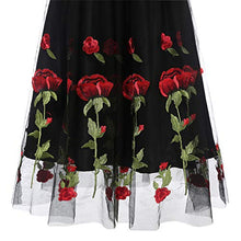 Load image into Gallery viewer, Women Vintage 1950s Embroidered Rose Cocktail Party Swing Dress Gatsby Princess Retro Valentine’s Day Evening Midi Skirt Gown Black - Short Sleeve M