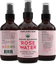 Load image into Gallery viewer, Rose Water for Face & Hair, USDA Certified Organic Facial Toner. Alcohol-Free Makeup Setting Hydrating Spray Mist. 100% Natural Anti-Aging Petal Rosewater by Simplified Skin (4 oz)