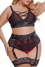 Load image into Gallery viewer, Plus Size Lingerie Set for Women, Sexy Luxe Criss-cross Bra Set Lace Cups Classic Underwear with High Waisted Suspender Thong (BlackRed, 2XL, 828e)