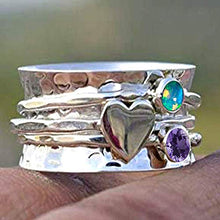 Load image into Gallery viewer, Amethyst and Moonstone Spinner Ring, 925 Sterling Silver Heart Designer Ring, Wide Band Ring, Hammered Meditation Ring (OPTIONS AVAILABLE FOR GEMSTONE & HEART)