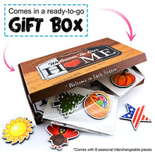 Load image into Gallery viewer, Bigtime Signs Welcome to Our Home - Wood Grain Print Door & Wall Decor - 8 Interchangeable Holiday Magnets Halloween, Easter, Fall, Christmas, Valentines - Front Porch Hanging Plaque Decoration Black