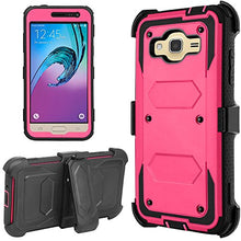Load image into Gallery viewer, J.west Galaxy J3 Case, J3 (2016) Case, Hard Shock Absorption Full Body Rugged Hybrid Stand Holster Belt Clip Defender Phone Cover for J3, J3 (2016), J3 V, Express Prime, Amp Prime, Galaxy Sky Rose