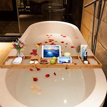 Load image into Gallery viewer, Hossejoy Bathtub Caddy Tray& Laptop Desk with Foldable Legs, 2 in 1 Wisdom Design – Luxurious Bathtub Caddy with Extending Sides, Tablet Holder, Reading Rack,Cellphone Tray and Wine Glass Holder