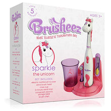 Load image into Gallery viewer, Brusheez Kid's Electric Toothbrush Set - Sparkle The Unicorn - Includes Battery-Powered Toothbrush, 2 Brush Heads, Cute Animal Cover, Sand Timer, Rinse Cup & Storage Base