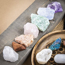 Load image into Gallery viewer, Beverly Oaks Premium Healing Crystals 21 Piece Kit - 7 Tumbled Chakra Stones, 7 Raw Crystals, Peacock Ore, Crystal Geode, Pyrite, Honey Calcite, Aragonite, Selenite Stone + Bonus Chakra Tower