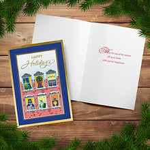 Load image into Gallery viewer, Designer Greetings Interfaith Boxed Christmas Cards, Apartment Windows with Christmas and Hanukkah Holiday Symbols (Box of 18 Gold Foil Embossed Cards with Envelopes)