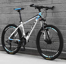 Load image into Gallery viewer, HIRUNS Full Mountain Bike,Mens and Womens Professional 21 Speed Gears 26in Bicycle, Twist Shift, White and Blue