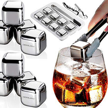 Load image into Gallery viewer, DERGUAM 8 Packs Fast-cooling 304 Stainless Steel Ice Cubes Whiskey Stones Whiskey Rocks With Nonslip Ice Tong&Wine Opener&Freezer Storage Tray Great for Whiskey,Wine,Beer,Juice or Soda