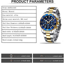 Load image into Gallery viewer, Mens Watches Chronograph Gold Blue Stainless Steel Waterproof Date Analog Quartz Business Casual Fashion Wrist Watches for Men