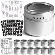 Load image into Gallery viewer, Set of 12 Magnetic Spice Tins with 12 Window-Top Sift and Pour Lids, 269 Preprinted Seasoning Label Stickers in 2 Styles for 3 oz Herb Jars