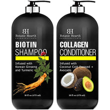 Load image into Gallery viewer, Botanic Hearth Biotin Shampoo and Conditioner with Collagen - Fights Hair Loss & Thinning with Korean Ginseng & Turmeric, Conditioner Promotes Hair Growth with Avocado and Coconut - 16 fl oz x 2