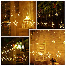 Load image into Gallery viewer, Quntis LED 12 Stars Curtain Lights - 138 LEDs Window Icicle Christmas Lights 8 Modes Decorative Backdrop Fairy String Lights for Outdoor Indoor Home Bedroom Wedding Party Holiday Wall, Warm White