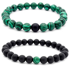 Load image into Gallery viewer, Set of 2 Womens Mens 8mm Handmade Couples Distance Beads Bracelets Friendship Couple Jewelry Round Energy Stone Beads Gemstone Beaded for Valentine Birthday (Malachite Stone & Black Matte Agate)