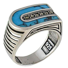 Load image into Gallery viewer, Solid 925 Sterling Silver Turkish Handmade Marcasite & Simulated Turquoise Luxury Men's Ring (8)