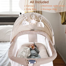 Load image into Gallery viewer, Baby Bassinet Bedside Sleeper with Wheels Storage Basket Canopy 3 Hanging Toys Newborn Cosleeping Cribs for Infant Wooden Crib Adjustable Boy Girl Multi-Functional Bedside Sleeper Toffee