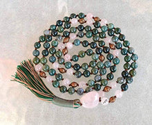 Load image into Gallery viewer, Energized Natural 108 Moss Agate Mala Beads Necklace, 8 mm Bracelet, Dark Green Moss Agate, Mala Bead, Stretch Bracelet, Heart Chakra, Hand Knotted Wrap Mala (Knotted Moss Agate & Rose Quartz Mala)