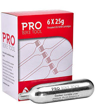 Load image into Gallery viewer, 25g Threaded CO2 Cartridges, 6 Pack- for CO2 Bike Tire Inflators with Threaded Connection - Quick Air Refill for High Volume Bicycle Tires - Cartridge for CO2 Pump - Road, Mountain or Fat Bikes