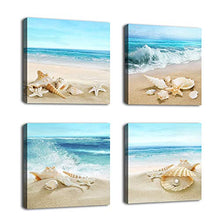 Load image into Gallery viewer, Canvas Wall Art Ocean Decor Beach Seashell Starfish Nature Picture Blue Canvas Artwork Turquoise Contemporary Wall Art for Bathroom Bedroom Living Room Office Kitchen Wall Decor 12" x 12" x 4 Pieces