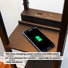 Load image into Gallery viewer, Brightech Maxwell Shelf Floor Lamp w. Wireless Charging Station, USB Port & Outlet - Column Lighting For Bedrooms, Offices & Living Rooms - Contemporary Skinny Nightstand & Tower Light - Brown