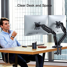 Load image into Gallery viewer, HUANUO Dual Monitor Stand, Adjustable Spring Monitor Desk Mount Swivel Vesa Bracket with C Clamp/Grommet Mounting Base for 17 to 27 Inch Computer Screens, Each Arm Holds 4.4 to 14.3lbs