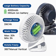 Load image into Gallery viewer, 4000mAh Battery Operated Clip On Fan 3 Speeds Ultra Quiet 360°Adjustable USB Fan Sturdy Clamp Portable for Outdoor Camper or Indoor Gym Treadmill Personal Office Desk, Last 30 hrs, 7-Inch