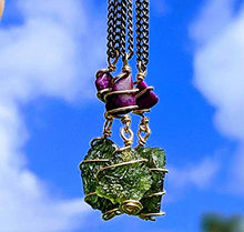 Load image into Gallery viewer, MOLDAVITE & SUGILITE Pendant in Real Gold! 12 Kt Genuine Crystal 19" Necklace. Synergy 12 Tektite Metaphysical Jewelry Meteorite Wire Wrap Stone