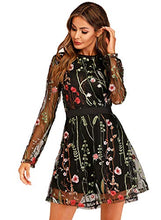 Load image into Gallery viewer, Milumia Women's Floral Embroidery Mesh Round Neck Tunic Party Dress Black Small