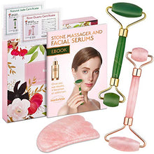 Load image into Gallery viewer, Authentic Jade Roller, Natural Rose Quartz Roller and Gua Sha | 3-In-1 Stone Face Massager Kit