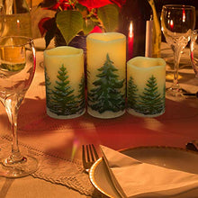 Load image into Gallery viewer, Rocinha Christmas Flameless Candles with Timer Battery Operated Flickering Candles Set of 3 Real Wax Christmas Pillar Candles with Christmas Tree Printing