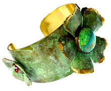 Load image into Gallery viewer, Verdigris Patina Sculptural Flowers Tapered Cuff - Chrysocolla