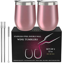 Load image into Gallery viewer, Stainless Steel Wine Tumbler 2 Pack 12 oz - Double Wall Vacuum Insulated Wine Cups with Lids and Straws Set of Two for Coffee, Wine, Cocktails (Rose Gold)