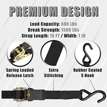Load image into Gallery viewer, ROAD DAWG ATRTD1009D Torin 15 Foot Ratchet Tie Down Straps with 500 lb Load Limit/1,500 lb Break Strength, Black, Pack of 4