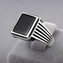 Load image into Gallery viewer, chimoda Turkish Silver Jewelry Black Onyx Stone 925 Sterling Men's Ring Striped Design (11)