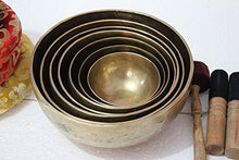 Load image into Gallery viewer, Chakra Healing Tibetan Singing Bowls Set of 7 pieces ~ Hand Hammered Himalayan Meditation Bowls ~ 5"-10" ~ included 7 Mallets, 7 cushions & 1 drum stick. Handmade in Nepal by Thamelmart